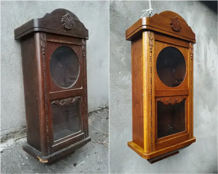 Dębowa skrzynia zegara przed i po renowacji